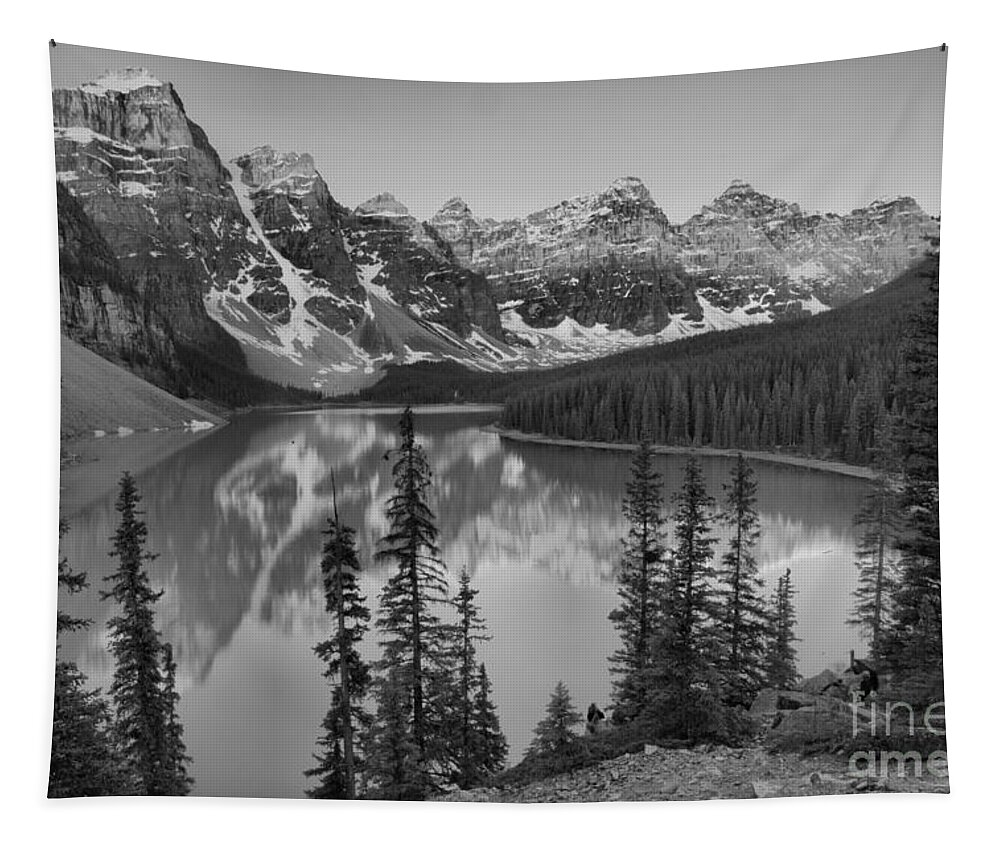 Moraine Lake Tapestry featuring the photograph Brilliant Moraine Lake Sunrise Reflections 2019 Black And White by Adam Jewell