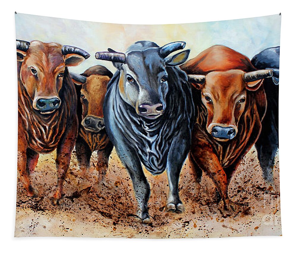 Bull Tapestry featuring the painting Bring in the Bulls by Pechez Sepehri