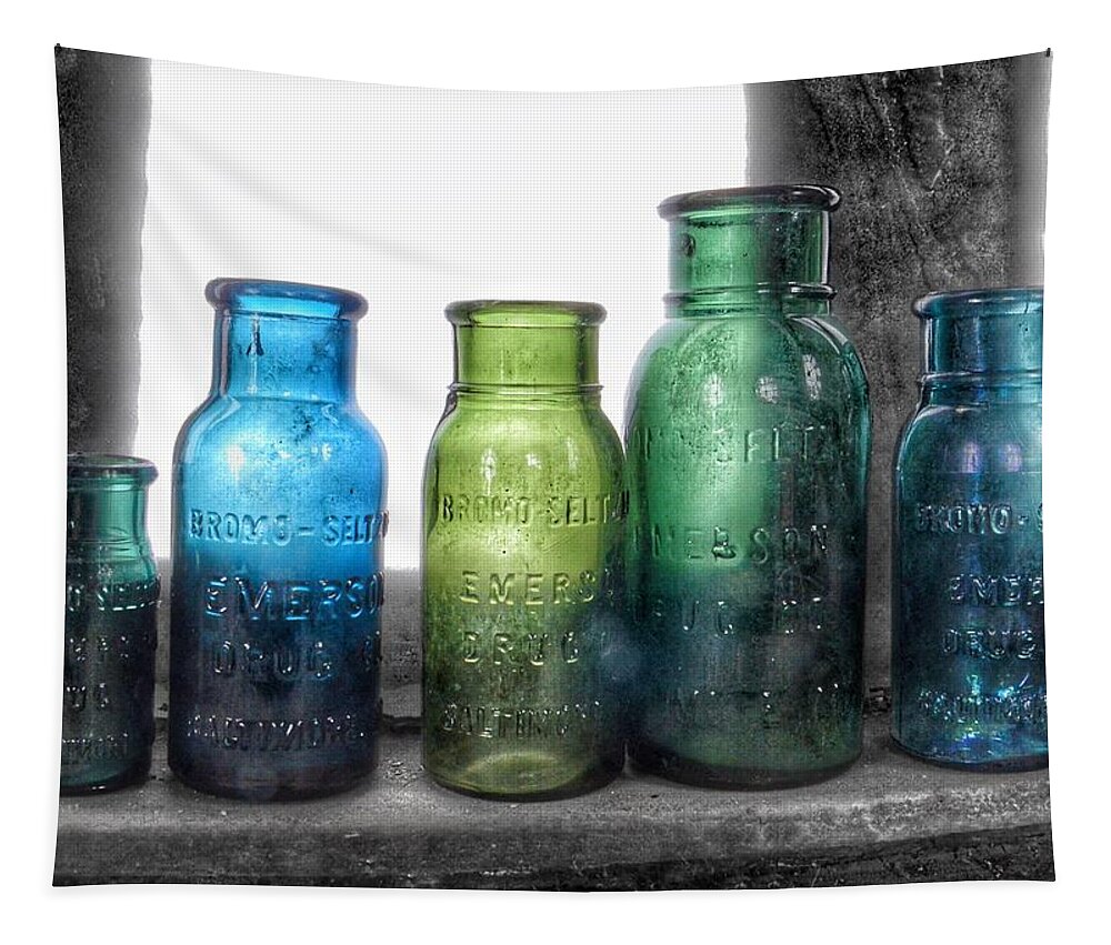 Bromo Seltzer Vintage Glass Bottles Tapestry featuring the photograph Bromo Seltzer Vintage Glass Bottles Collection - Rare Green And Blue #8 by Marianna Mills