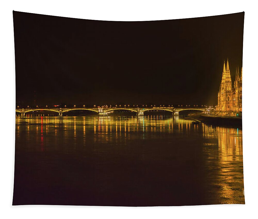 Panorama Tapestry featuring the photograph Budapest By Night - Over Danube River by Stefano Senise