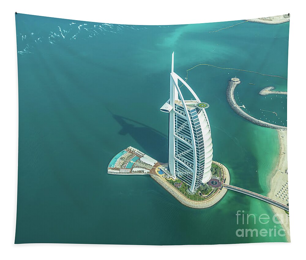 Dubai Tapestry featuring the photograph Burj al Arab from above in Dubai by Delphimages Photo Creations