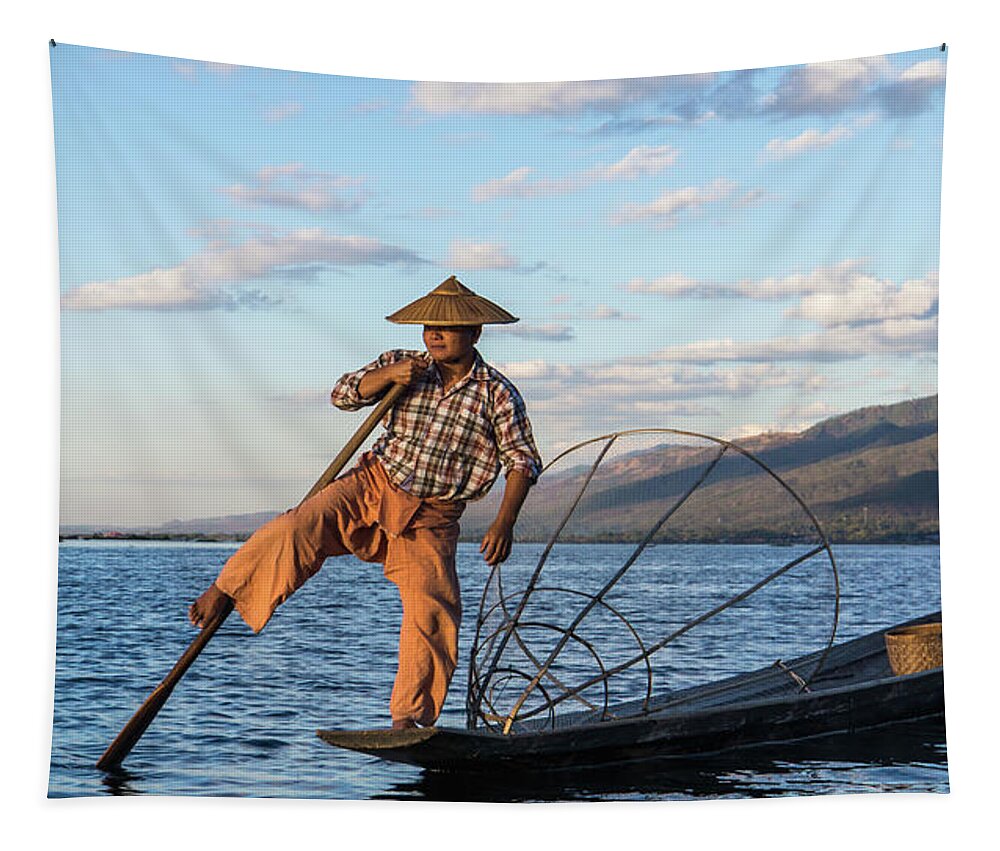 Fisherman Tapestry featuring the photograph Burmese Intha fisherman by Ann Moore