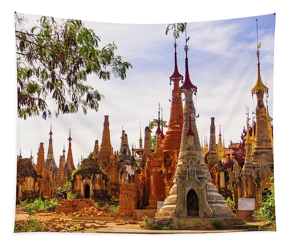 Stupa Tapestry featuring the photograph Burmese stupas in Indein,lake Inle, Myanmar by Ann Moore