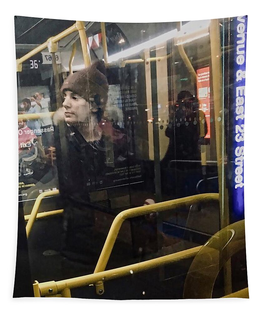 Reflective Color Photo Portrait Of Man On Nyc Bus Tapestry featuring the photograph Bus Stop Memories by Joan Reese
