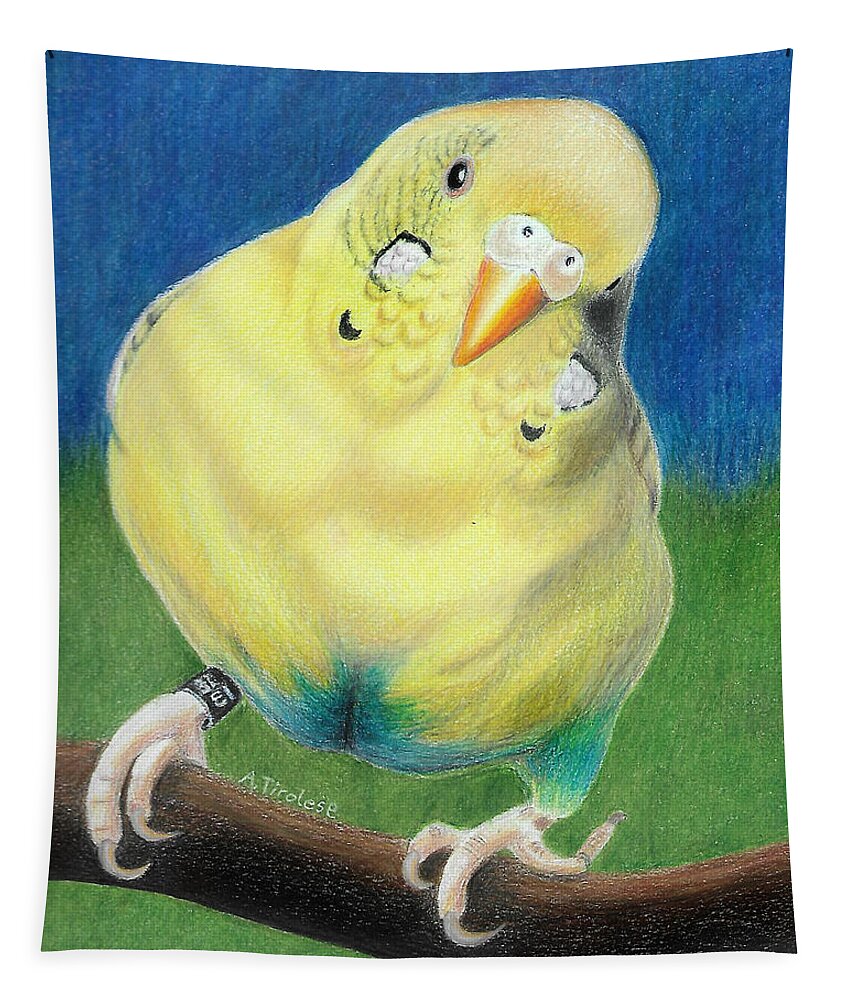 Budgie Tapestry featuring the drawing Butter by Ana Tirolese