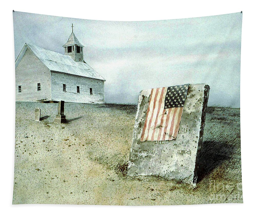 A Worn American Flag Hangs Over A Weathered Tombstone In A Graveyard. A Small Church Is In The Distance. Tapestry featuring the painting By The Dawn's Early Light by Monte Toon