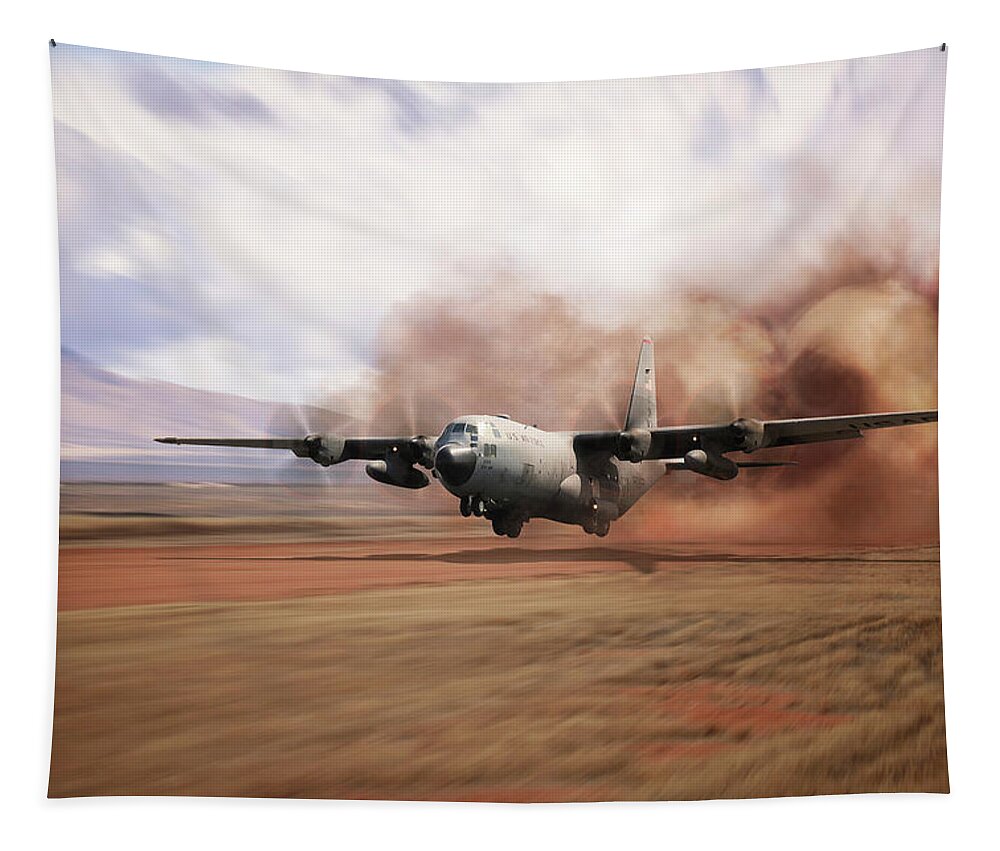 C-130 Hercules Tapestry featuring the digital art C130 Dirt Strip Landing by Airpower Art
