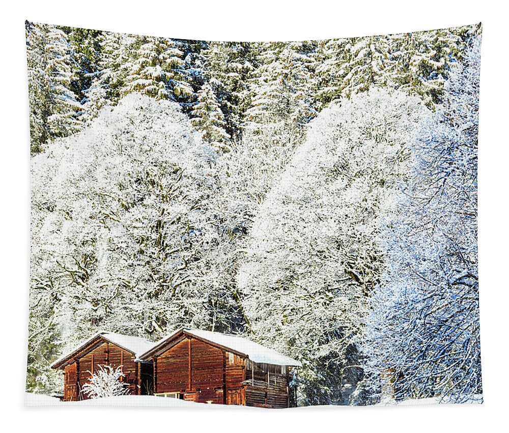 Estock Tapestry featuring the digital art Cabin With Snow Covered Trees by Francesco Bergamaschi