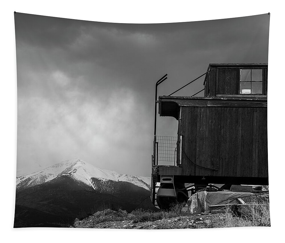 Caboose Tapestry featuring the photograph Caboose in Black and White by Sandra Dalton