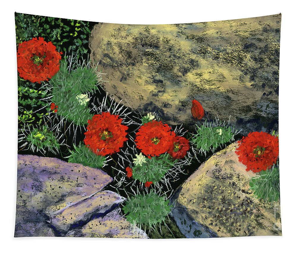 Cactus Tapestry featuring the painting Cactus Blooms Among the Rocks by Ginny Neece