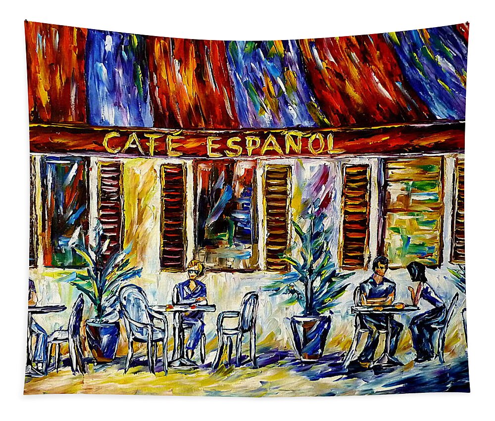 Sitting Outdoors Tapestry featuring the painting Cafe Espanol by Mirek Kuzniar