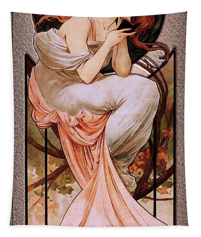Art Nouveau Calendar Girl Tapestry featuring the painting Art Nouveau Calendar Girl IM2 by Alphonse Mucha Old Masters Reproduction by Rolando Burbon