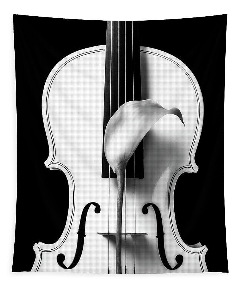 Violin Tapestry featuring the photograph Calla Lily And White Violin In Black And White by Garry Gay