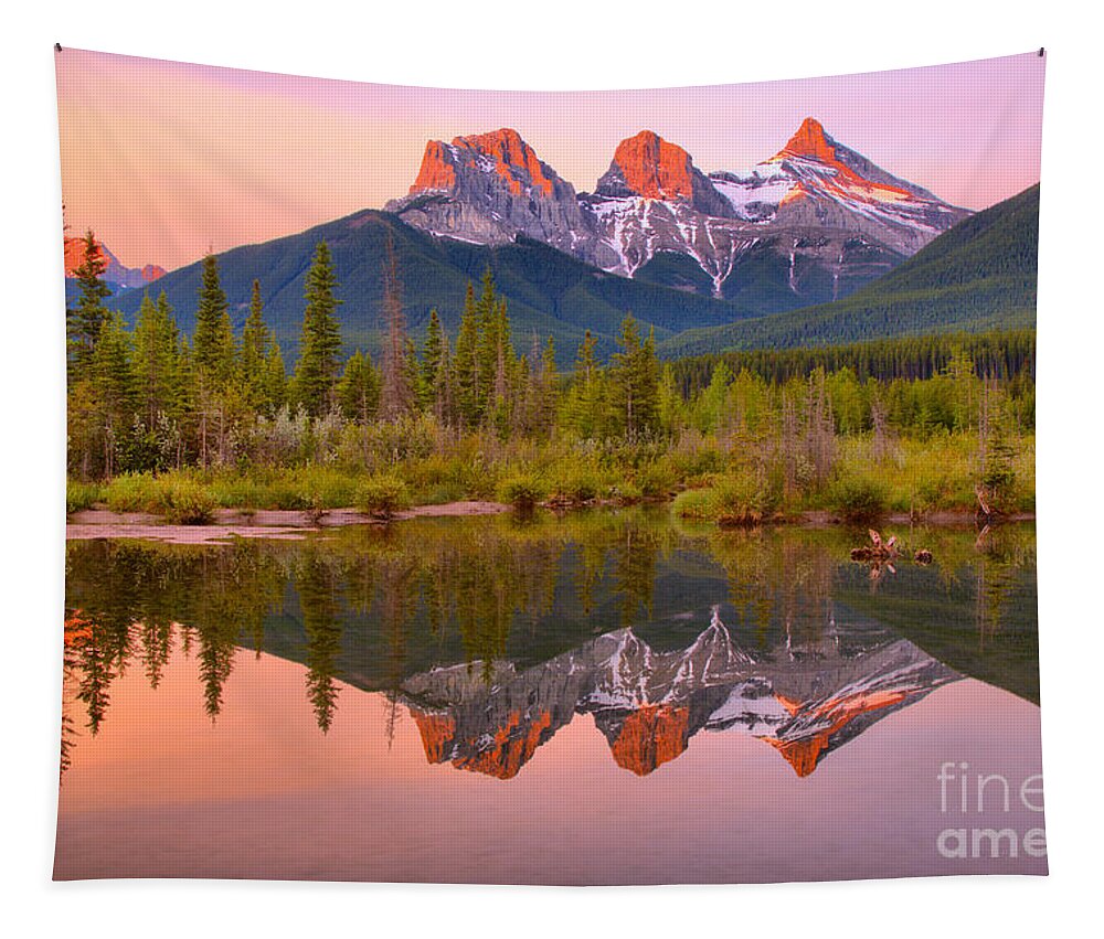 Three Sisters Tapestry featuring the photograph Canmore Morning Pastels by Adam Jewell
