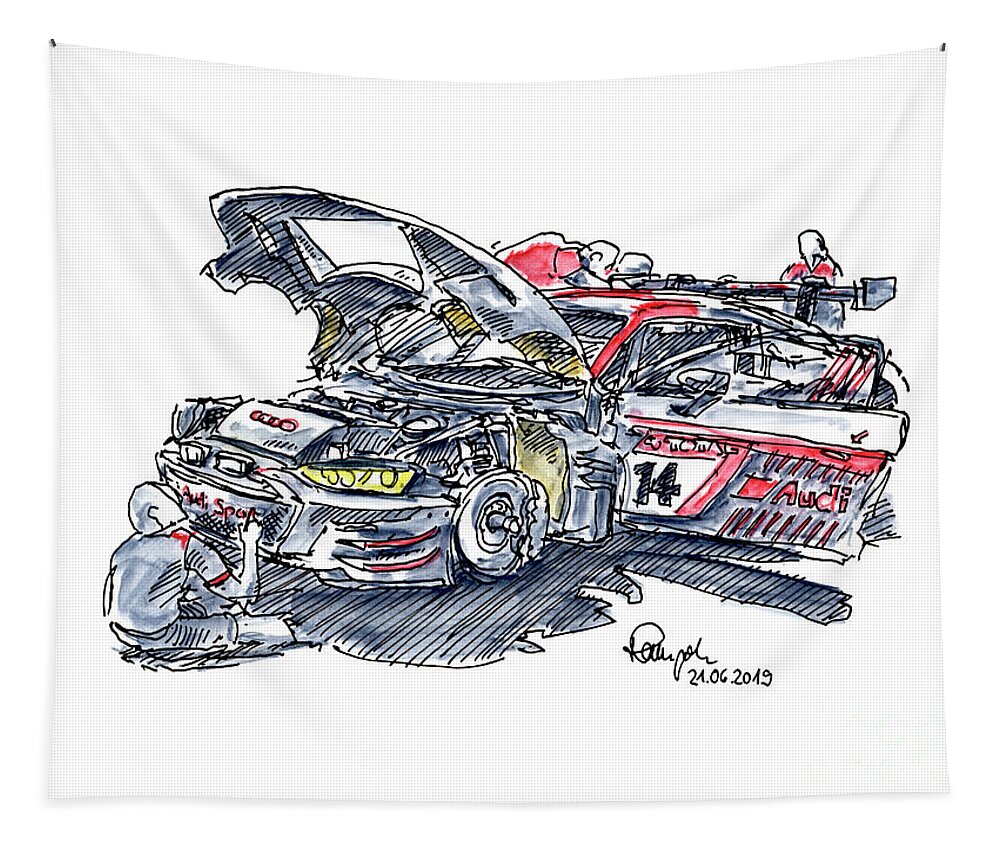 Car Collection Tapestry featuring the drawing Car Collection Audi R8 LMS Racecar Ink Drawing and Watercolor by Frank Ramspott
