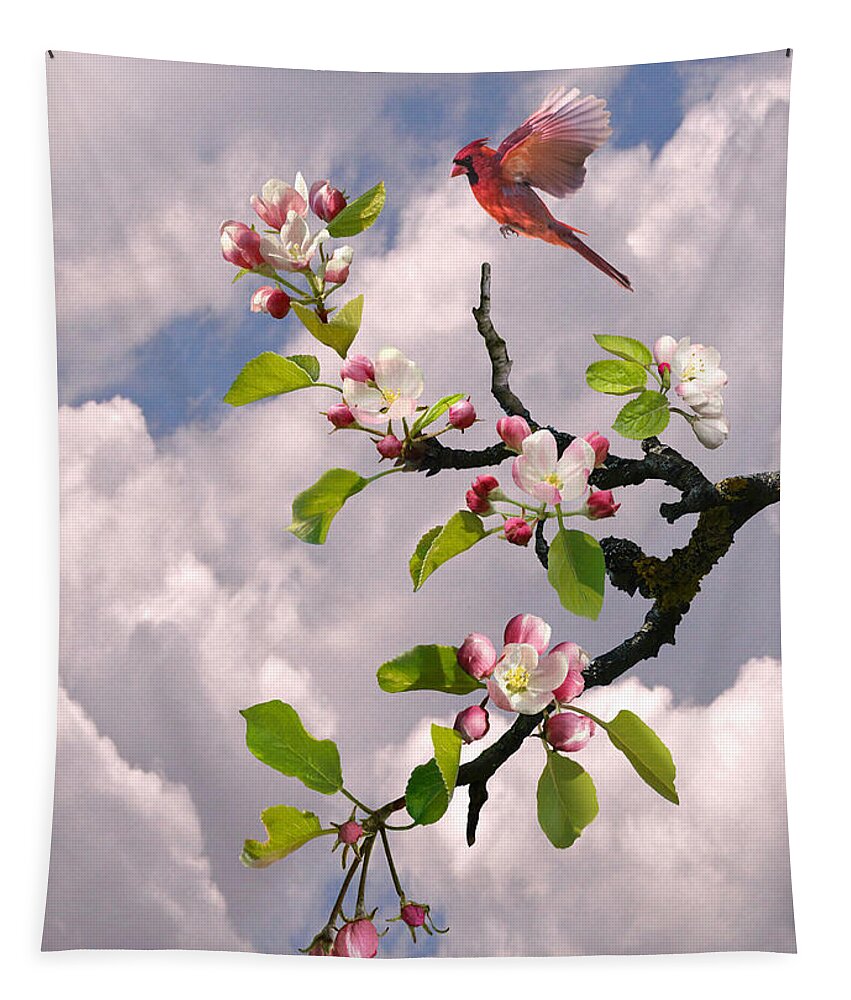 Apple Blossom Tapestry featuring the digital art Cardinal in Apple Tree by M Spadecaller