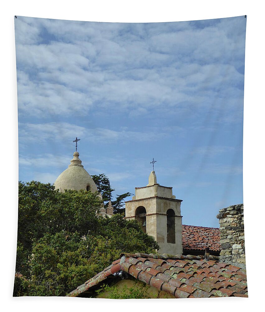 Old Tapestry featuring the photograph Carmel Mission Rooftops by Gordon Beck