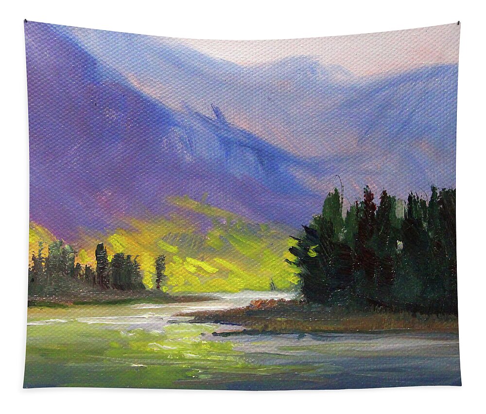 Western River Landscape Tapestry featuring the painting Cascade Light Landscape by Nancy Merkle