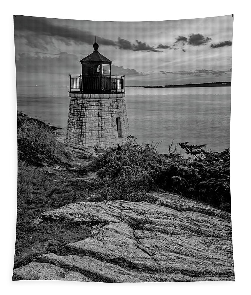 Castle Hill Lighthouse Tapestry featuring the photograph Castle Hill Light BW by Susan Candelario