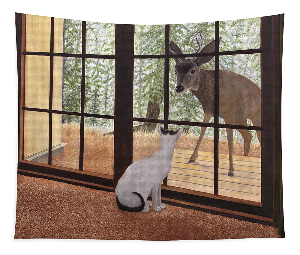 Cat Tapestry featuring the painting Cat Meets Deer by Karen Zuk Rosenblatt