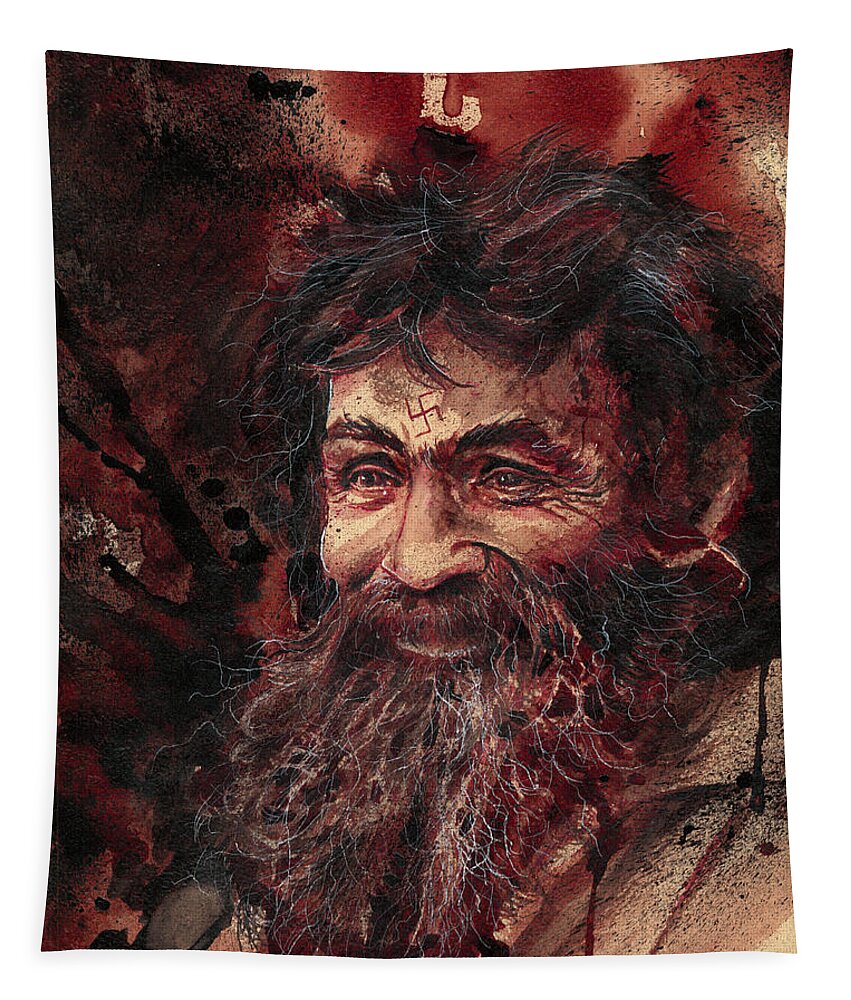 Ryan Almighty Tapestry featuring the painting CHARLES MANSON portrait dry blood by Ryan Almighty