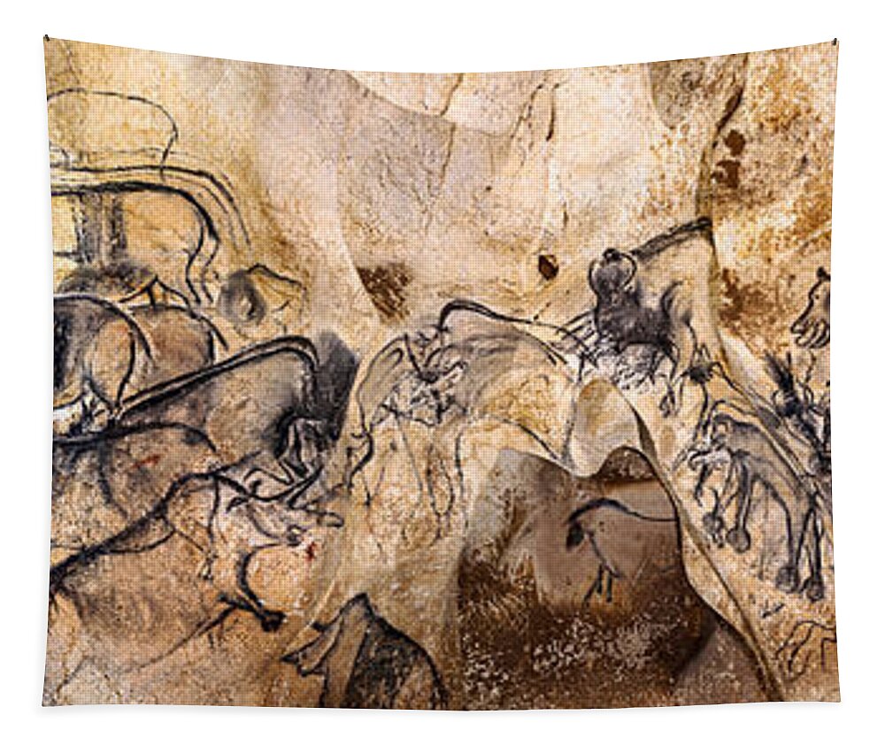 Chauvet Tapestry featuring the digital art Chauvet Lions and Rhinos Extended by Weston Westmoreland