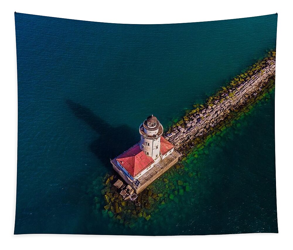 Chicago Tapestry featuring the photograph Chicago Harbor Lighthouse - Birds Eye View by Bobby K