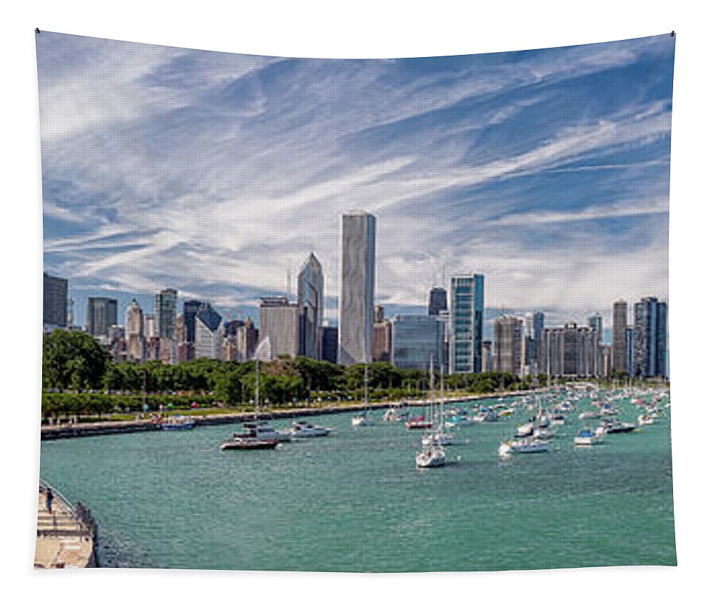3scape Tapestry featuring the photograph Chicago Skyline Daytime Panoramic by Adam Romanowicz