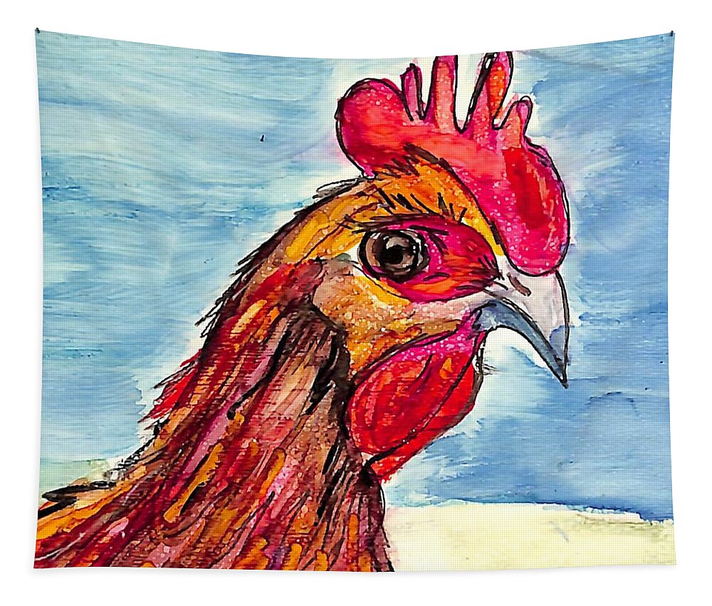 Colorful Chickens Tapestry featuring the painting Chicken Head 3 by Patty Donoghue