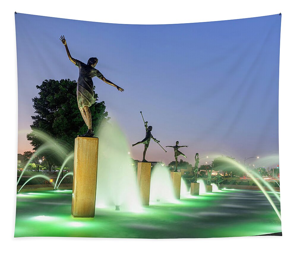 America Tapestry featuring the photograph Children's Fountain at Dawn - Kansas City Missouri by Gregory Ballos