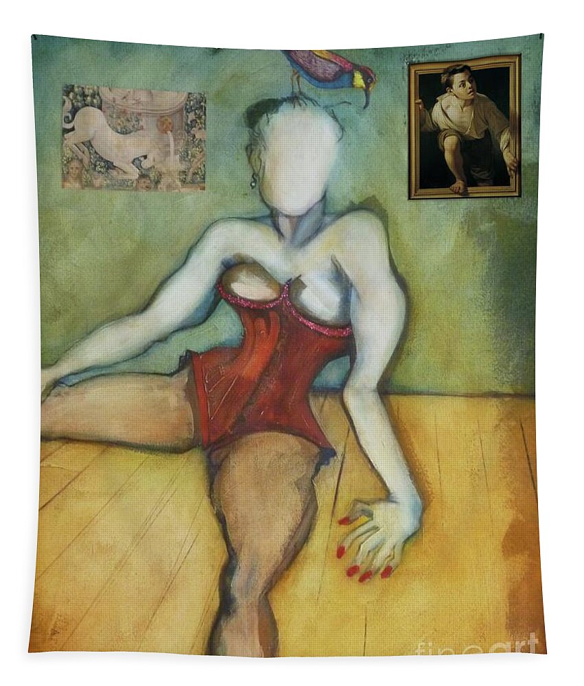 Burlesque Tapestry featuring the painting Chin Chin With an Imaginary Bird on Her Head by Carolyn Weltman