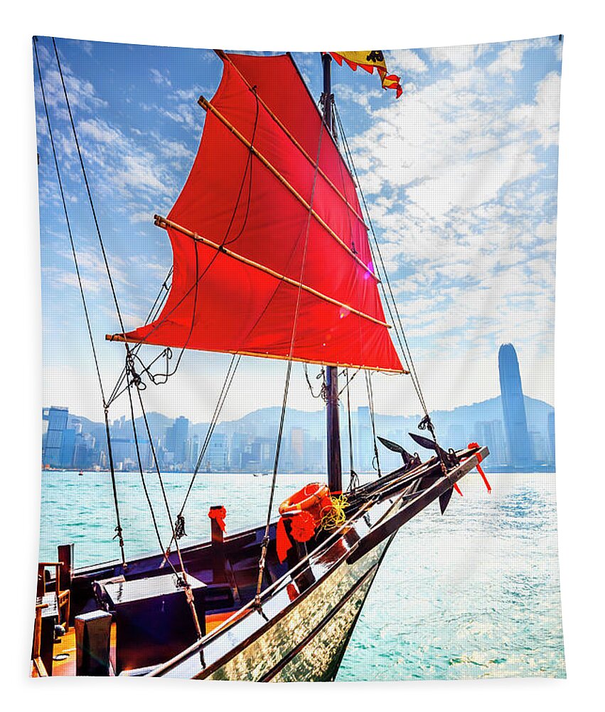 Estock Tapestry featuring the digital art China, Hong Kong, Hong Kong Island, Victoria Harbor, Aqua Luna Junk In Victoria Harbor by Maurizio Rellini