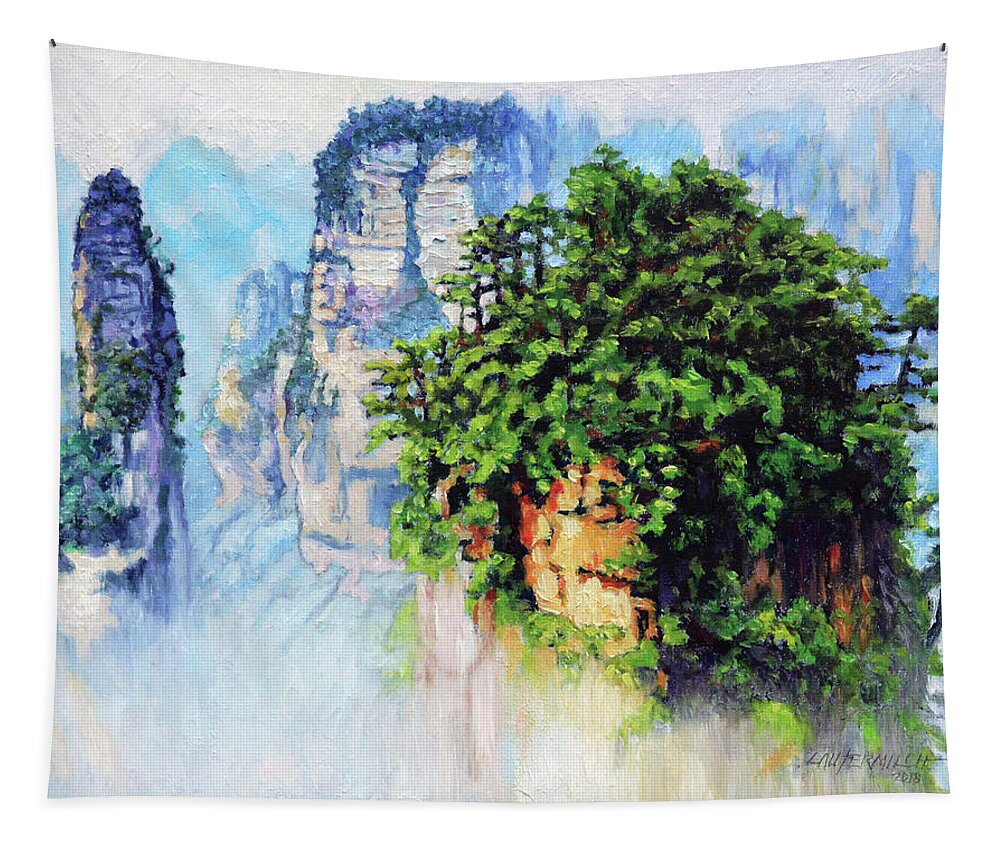 Mountains Tapestry featuring the painting Chinas Mountains 21 by John Lautermilch