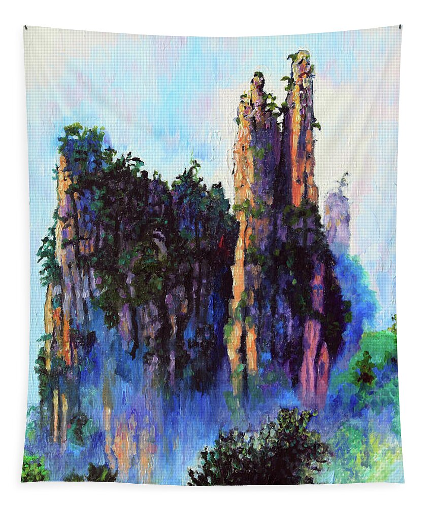 Mountains Tapestry featuring the painting Chinas Mountains 22 by John Lautermilch