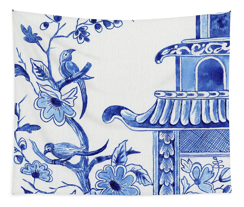 Chinoiserie Tapestry featuring the painting Chinoiserie Blue and White Birds in Flowering Tree and Pagoda by Audrey Jeanne Roberts