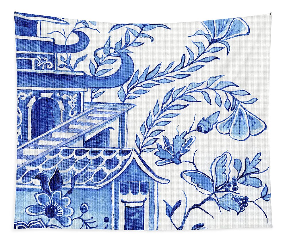 Chinoiserie Tapestry featuring the painting Chinoiserie Blue and White Pagoda Floral 1 by Audrey Jeanne Roberts
