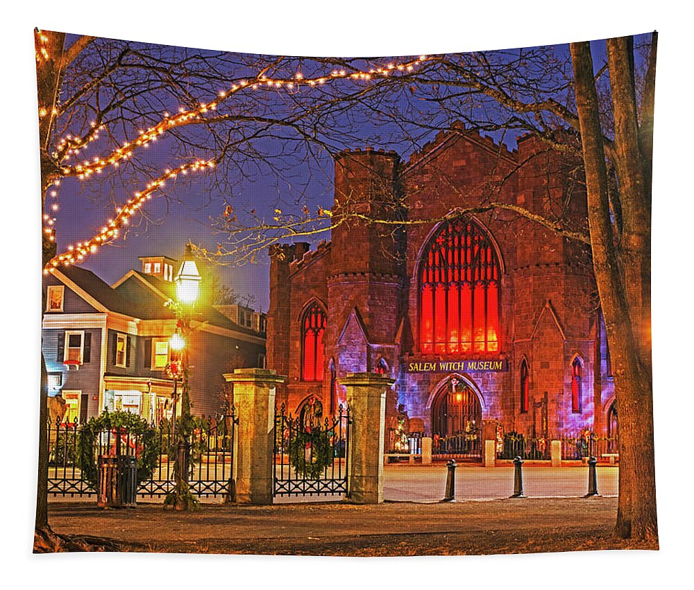 Salem Tapestry featuring the photograph Christmas in Salem MA Washington Park Salem Witch Museum by Toby McGuire
