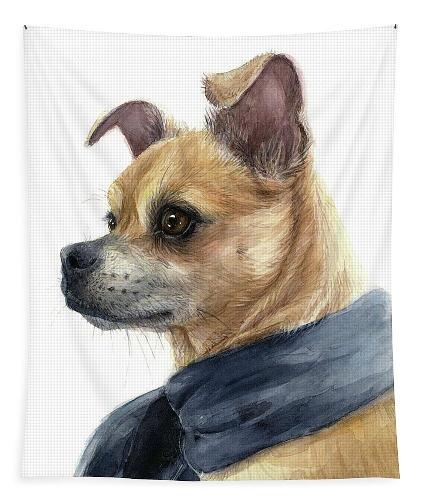 Chug Tapestry featuring the painting Chug Portrait Chihuahua Pug Mix by Olga Shvartsur