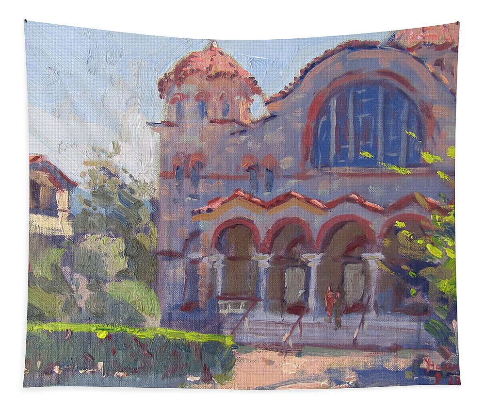 Church Tapestry featuring the painting Church at Nea Erythraia Athens by Ylli Haruni