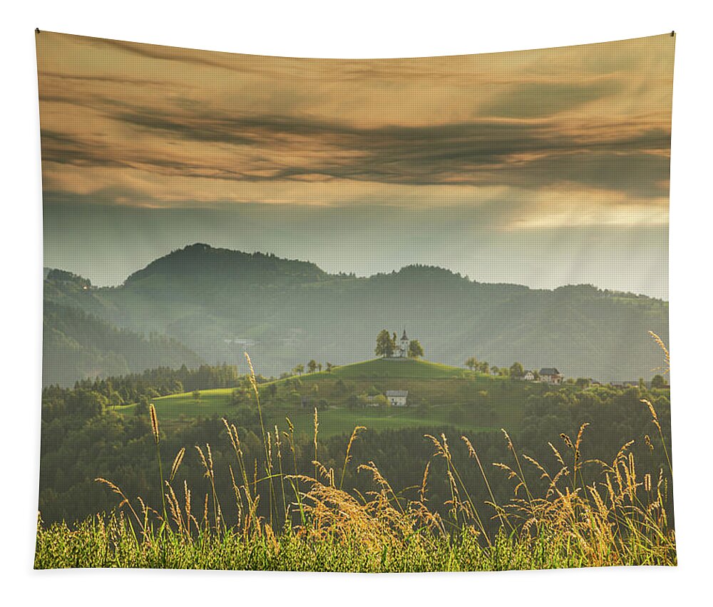 Sveti Tapestry featuring the photograph Church of Saint Thomas in the Skofja Loka Hills by Ian Middleton