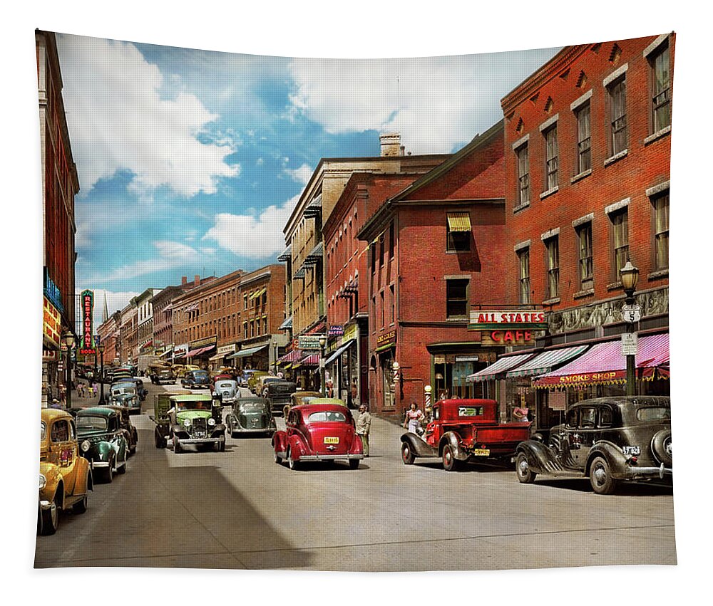 Vermont Tapestry featuring the photograph City - Brattleboro VT - No parking on Main St 1941 by Mike Savad