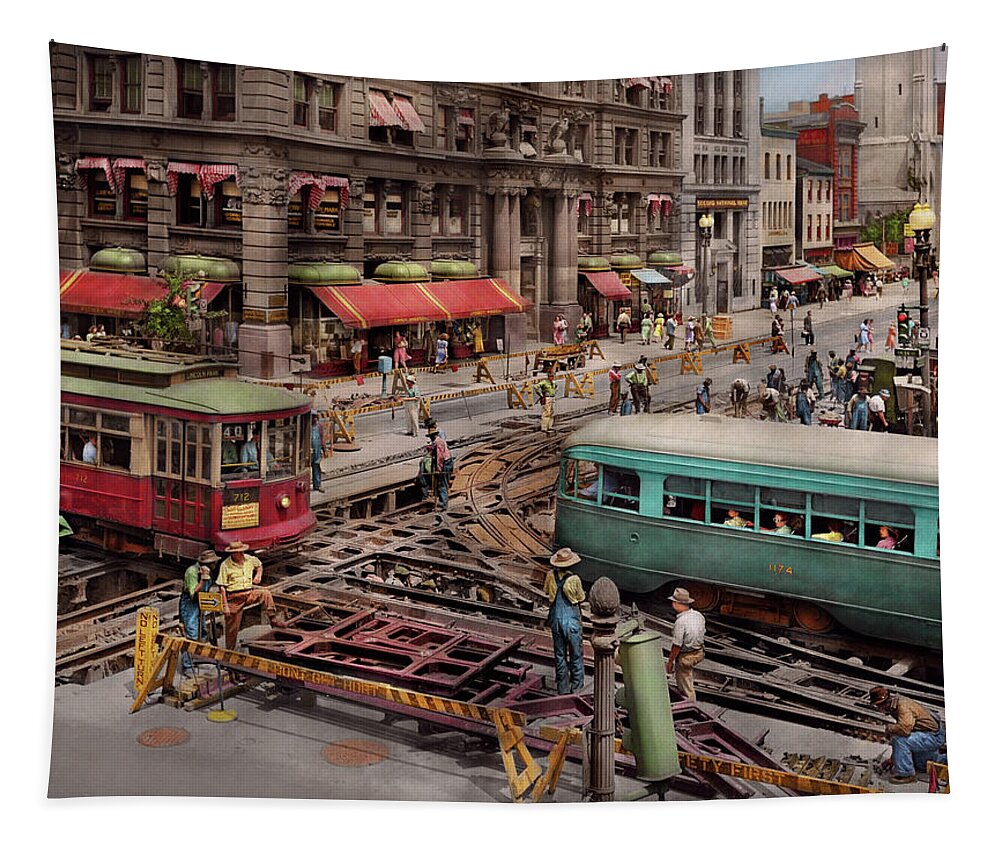 Washington Dc Tapestry featuring the photograph City - DC - Road closed for repairs 1941 by Mike Savad