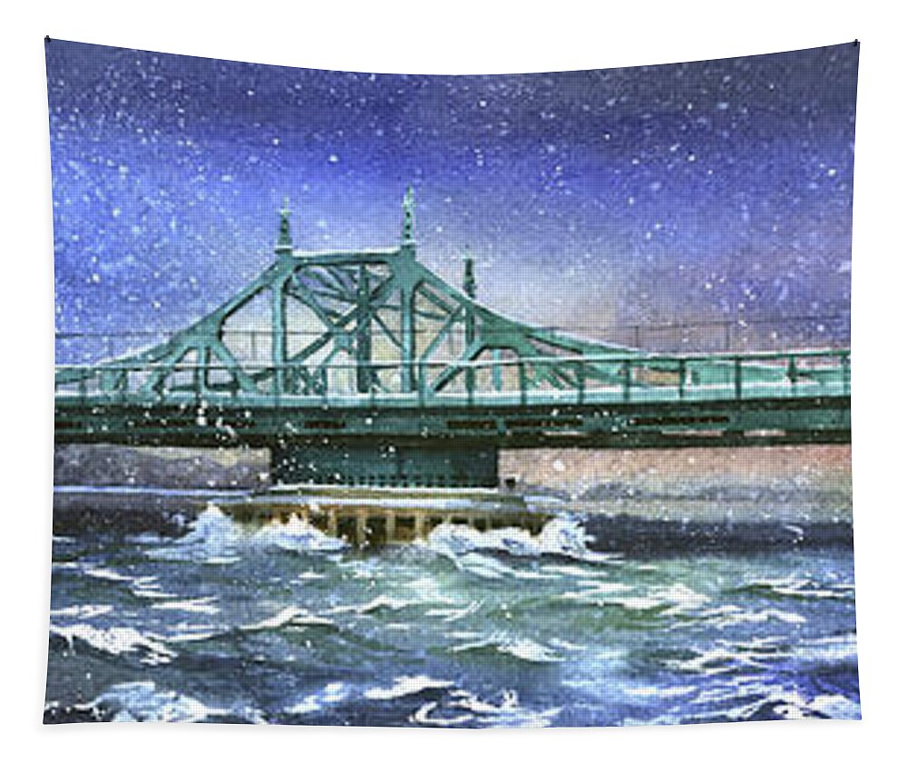 City Island Tapestry featuring the painting City Island Bridge Winter by Marguerite Chadwick-Juner