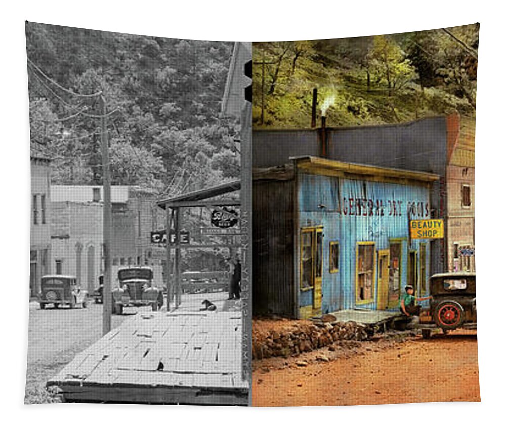 Mogollon Tapestry featuring the photograph City - Mogollon NM - Before the ghosts 1940 - Side by Side by Mike Savad