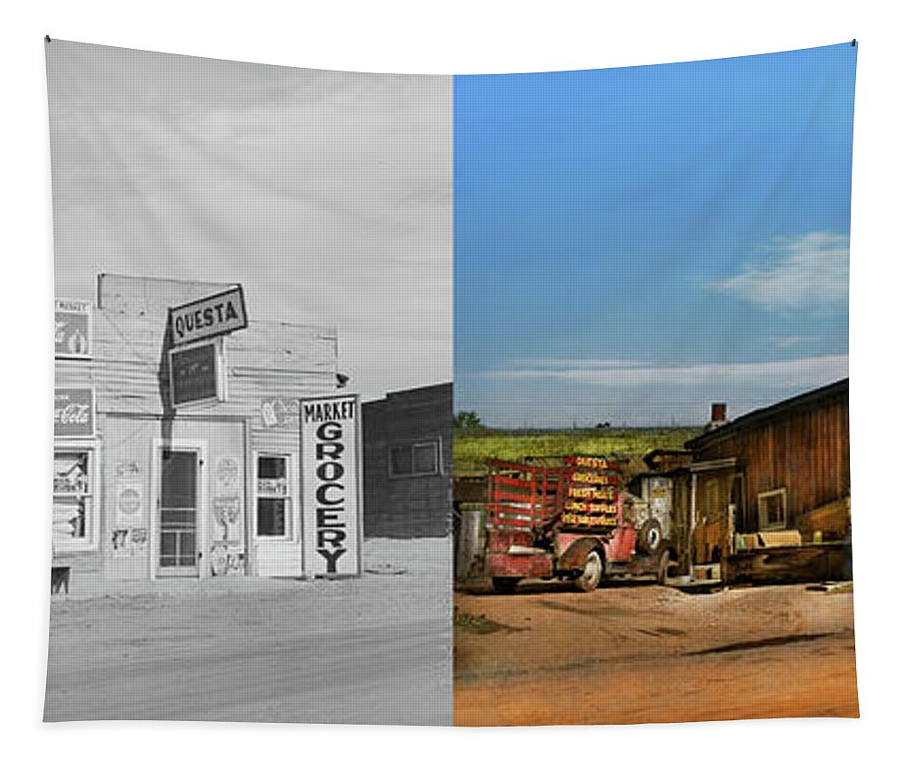 Questa Tapestry featuring the photograph City - Questa NM - Free AIR and More 1939 - Side by Side by Mike Savad
