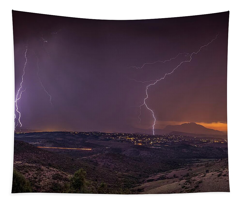 Lightning Tapestry featuring the photograph City Strikes by Aaron Burrows