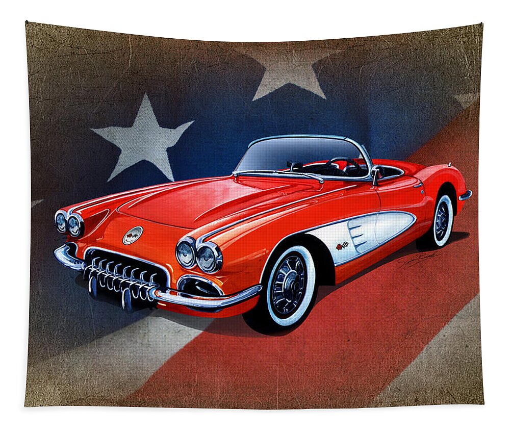 Art Tapestry featuring the mixed media Classic Red Corvette C1 by Simon Read