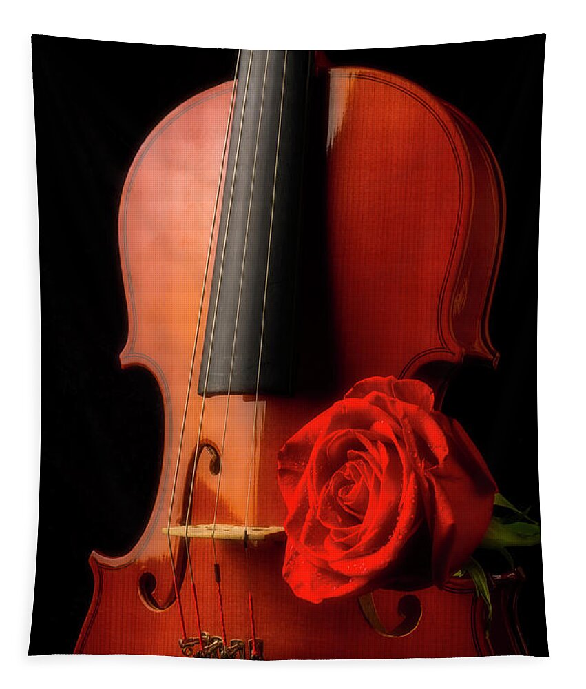 Violin Tapestry featuring the photograph Classic Violin And Red Rose by Garry Gay
