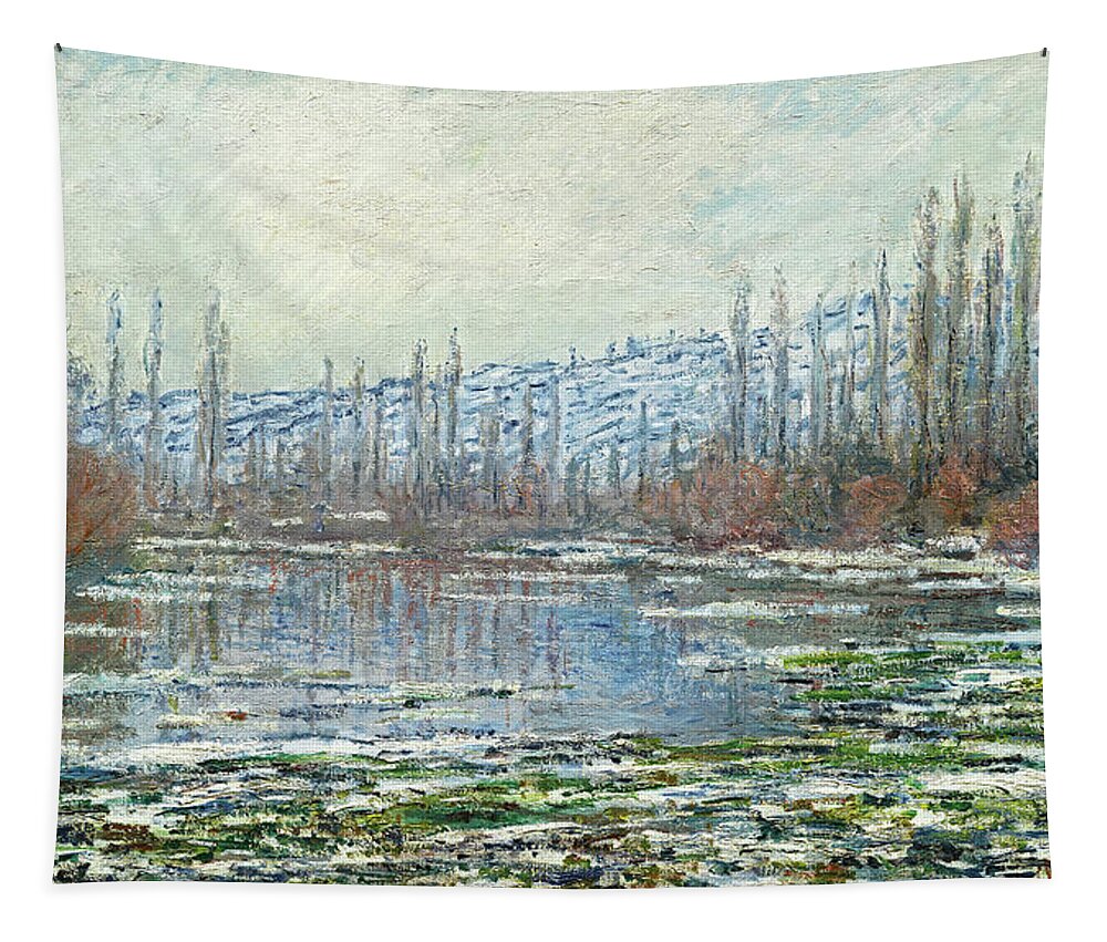 Canvas Tapestry featuring the painting Claude Monet -Paris, 1840-Giverny, 1926-. The Thaw at Vetheuil -1880-. Oil on canvas. 60 x 100 cm. by Claude Monet -1840-1926-