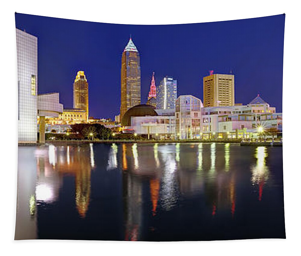 Cleveland Skyline Tapestry featuring the photograph Cleveland Skyline at Dusk Rock Roll Hall Fame by Jon Holiday